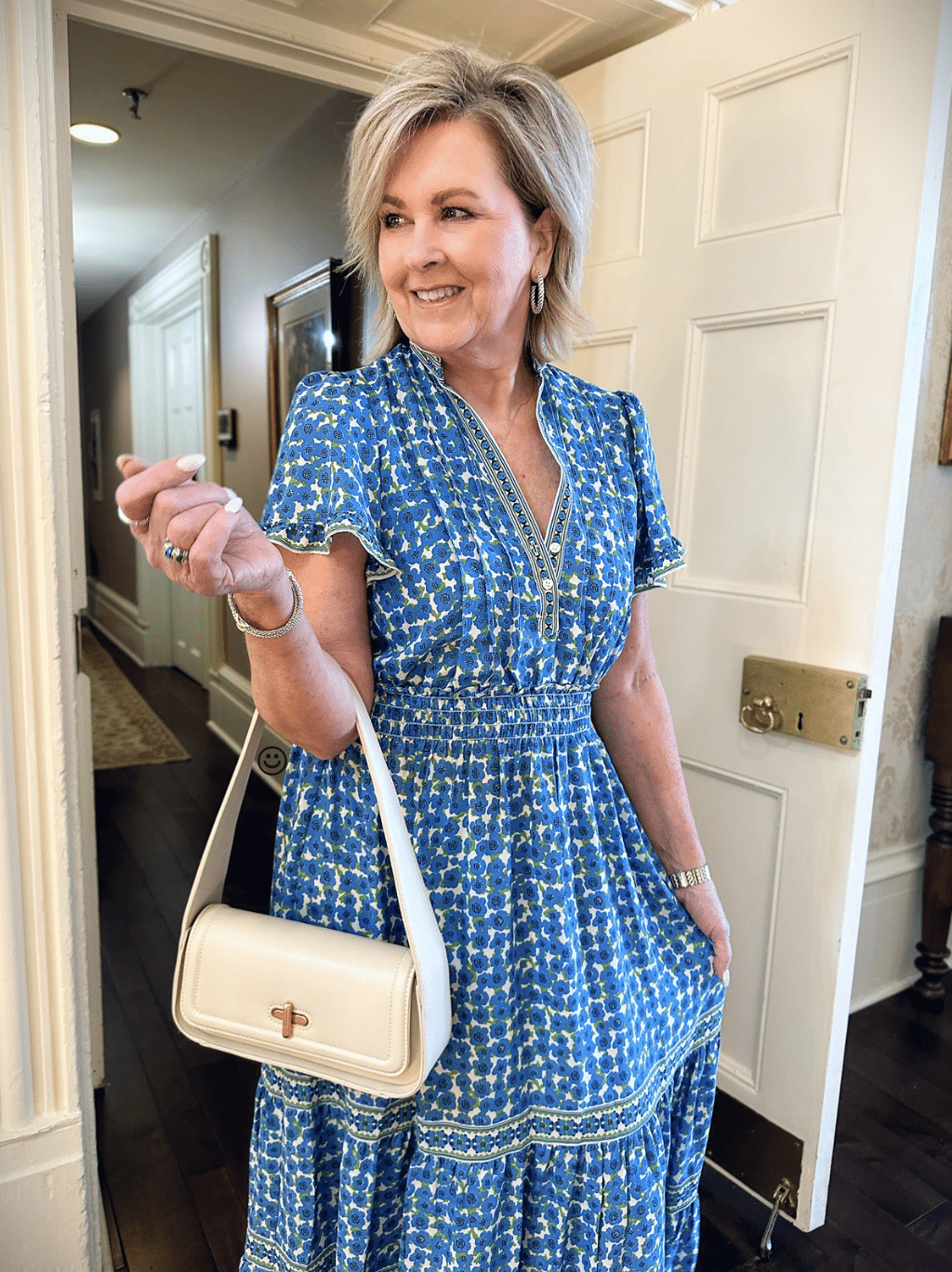 Spring Boho Fashions For Women Over 50 tania stephens 50 is not old is wearing a blue & green dress